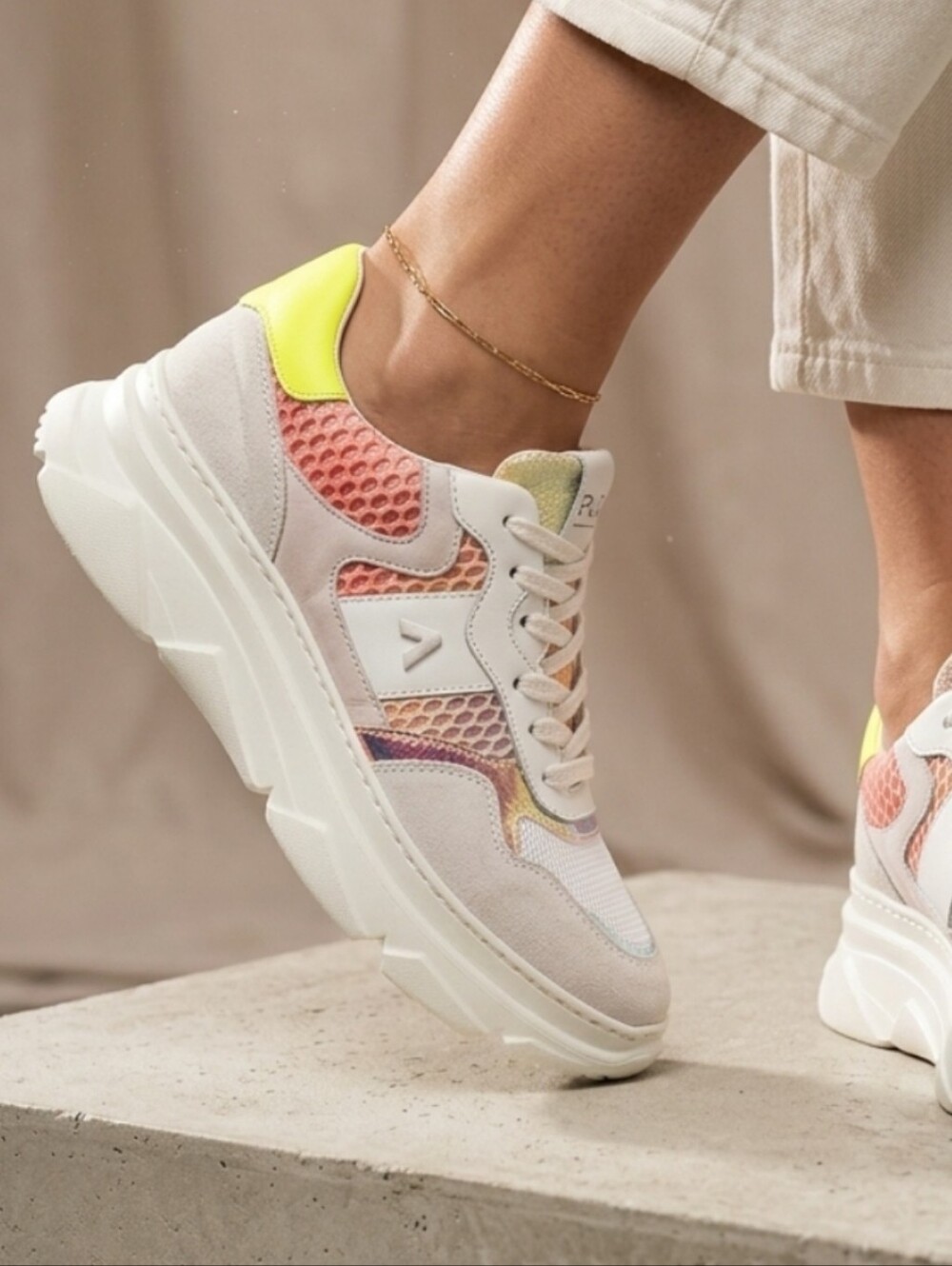 Genuine Leather Stylish Sneakers with Neon Accents